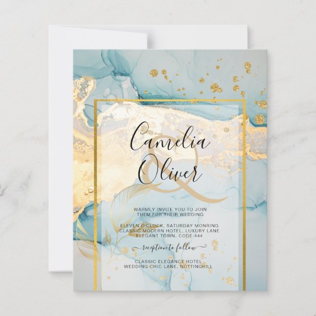 Beautiful Sea Glass Gold Wedding Invite Turquoise  (Front)