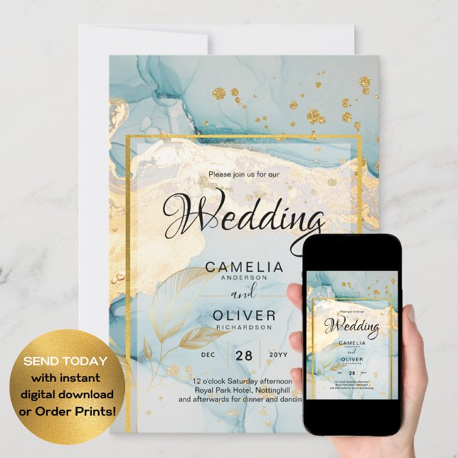 Beautiful Sea Glass Gold Wedding Invite Turquoise  (Creator Uploaded)