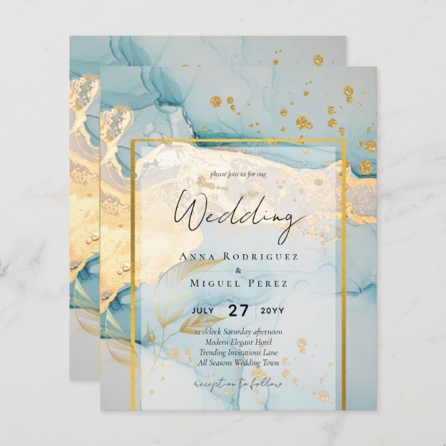 Beautiful Sea Glass Gold Wedding Invite Turquoise  (Front/Back)