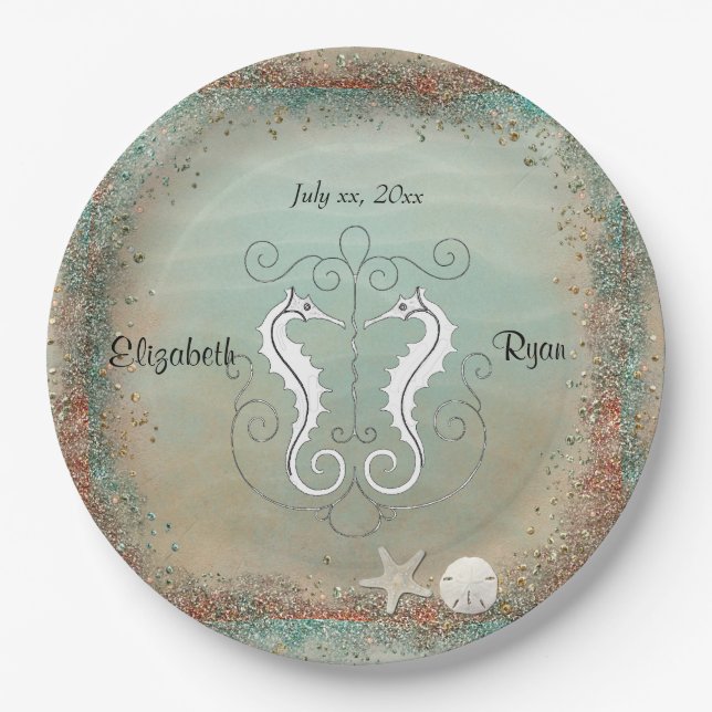 Beautiful Sea Horses, Beach Wedding, Seashells Paper Plate (Front)