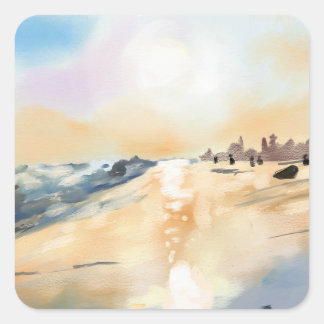 Beautiful sea side in oil painting square sticker