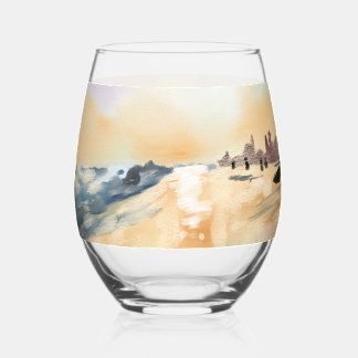 Beautiful sea side in oil painting stemless wine glass
