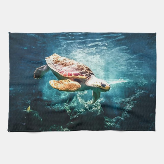 Beautiful Sea Turtle Ocean Underwater Image Tea Towel (Horizontal)