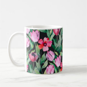 Beautiful seamless floral pattern with watercolor coffee mug