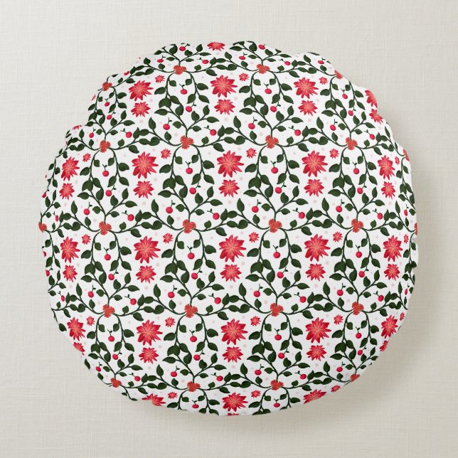 Beautiful seamless floral vine cherry pattern round cushion (Front)