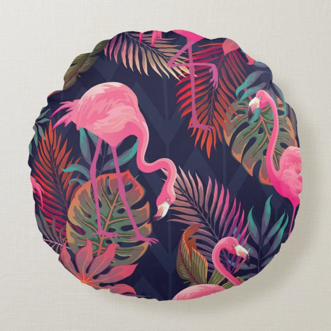 Beautiful seamless tropical pattern with pink flam round cushion (Front)