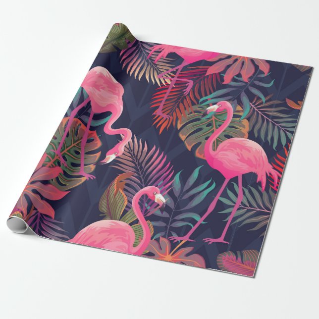 Beautiful seamless tropical pattern with pink flam wrapping paper (Unrolled)