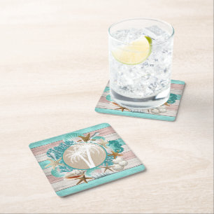 Beautiful Seashell and Beach Design Square Paper Coaster