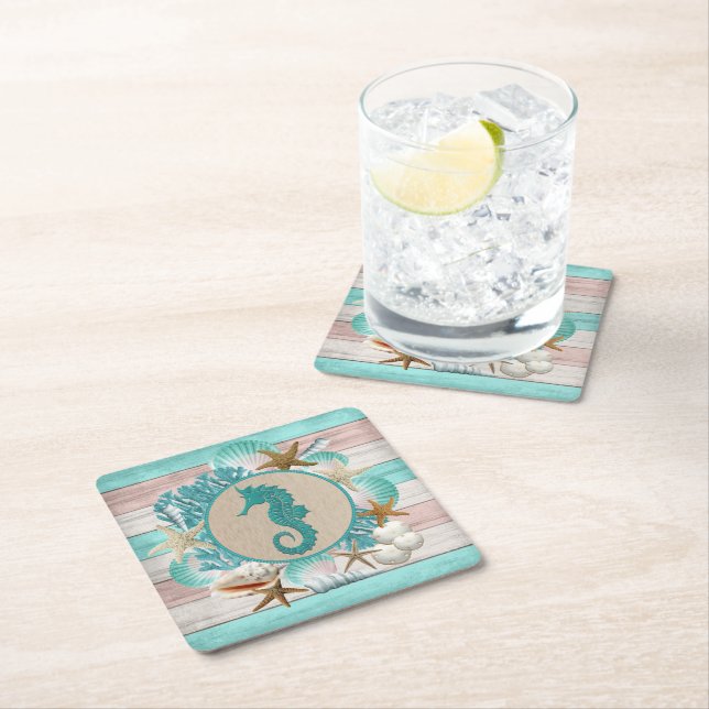 Beautiful Seashell & Seahorse Design Square Paper Coaster (Insitu)