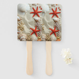 Beautiful Seashells Red Starfish Pearls Beach Hand Fan