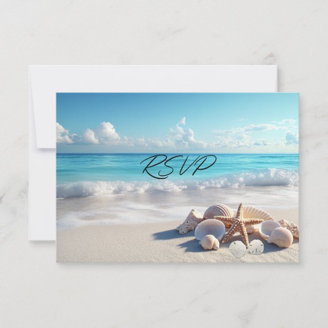 Beautiful Seashells Starfish Beach Wedding  RSVP Card (Front)