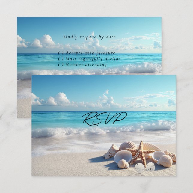 Beautiful Seashells Starfish Beach Wedding  RSVP Card (Front/Back)