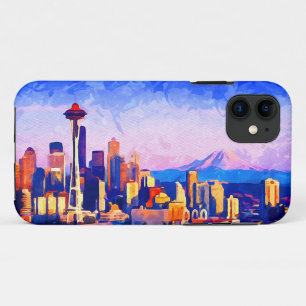 Beautiful Seattle Skyline Sunset Colours Watercolo iPhone 11 Case