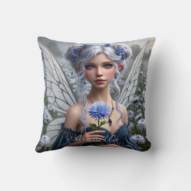 Beautiful September Fairy in Asters Cushion (Back)