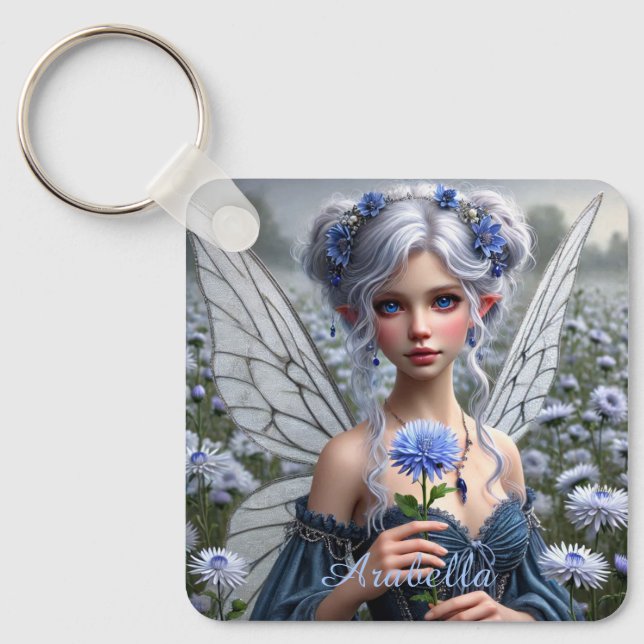 Beautiful September Fairy in Asters Key Ring (Front)
