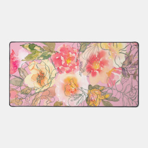Beautiful Serene Pink and Yellow Floral Desk Mat