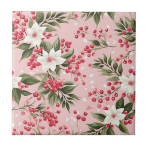 Beautiful Shabby Chic Pink Christmas Floral Berry Ceramic Tile