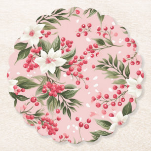 Beautiful Shabby Chic Pink Christmas Floral Berry Paper Coaster
