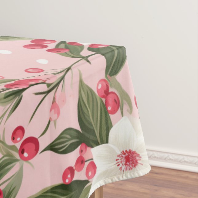 Beautiful Shabby Chic Pink Christmas Floral Berry Tablecloth (In Situ)