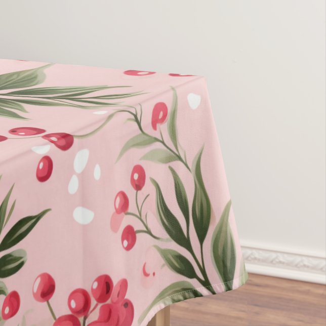 Beautiful Shabby Chic Pink Christmas Floral Berry Tablecloth (In Situ)