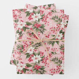 Beautiful Shabby Chic Pink Christmas Floral Berry Wrapping Paper Sheet