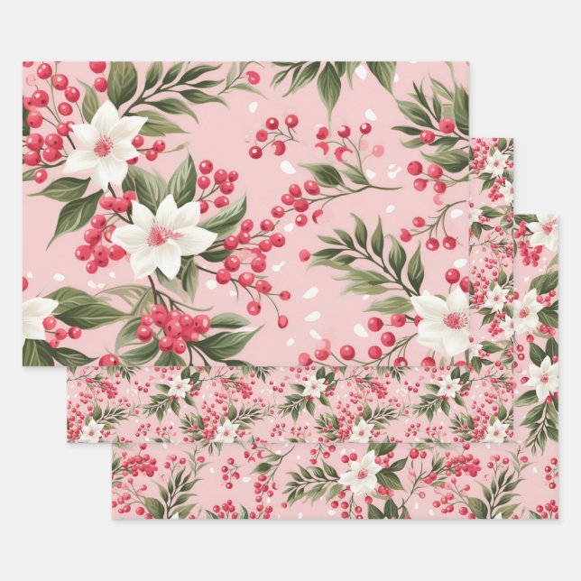 Beautiful Shabby Chic Pink Christmas Floral Berry Wrapping Paper Sheet (Set)