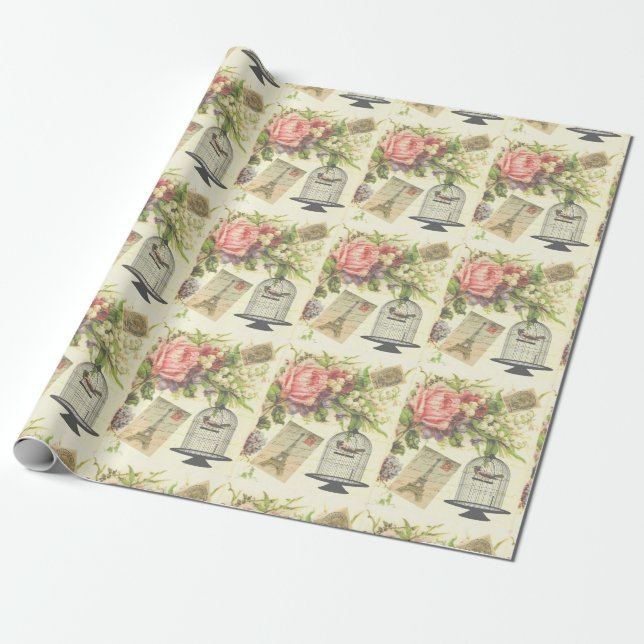 Beautiful, Shabby, Paris, Birdcage Wrapping Paper (Unrolled)