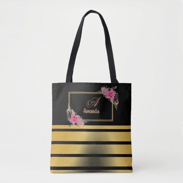 Beautiful Shiny Golden Stripes Girly Name Monogram Tote Bag (Front)