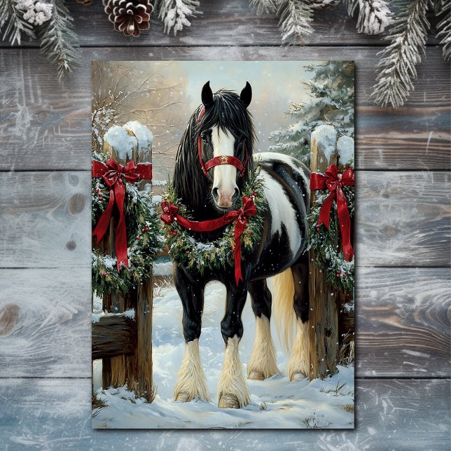 Beautiful Shire Draught Horse and Wreath Christmas Holiday Card (Front - Beautiful Shire Draught Horse and Wreath Christmas Holiday Card)