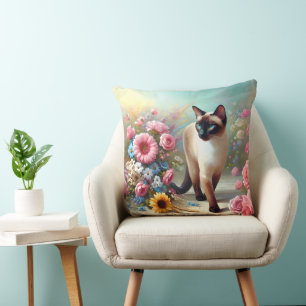 Beautiful Siamese Cat and Flowers Cushion