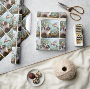 Beautiful Siamese Cat and Sparrow Wrapping Paper