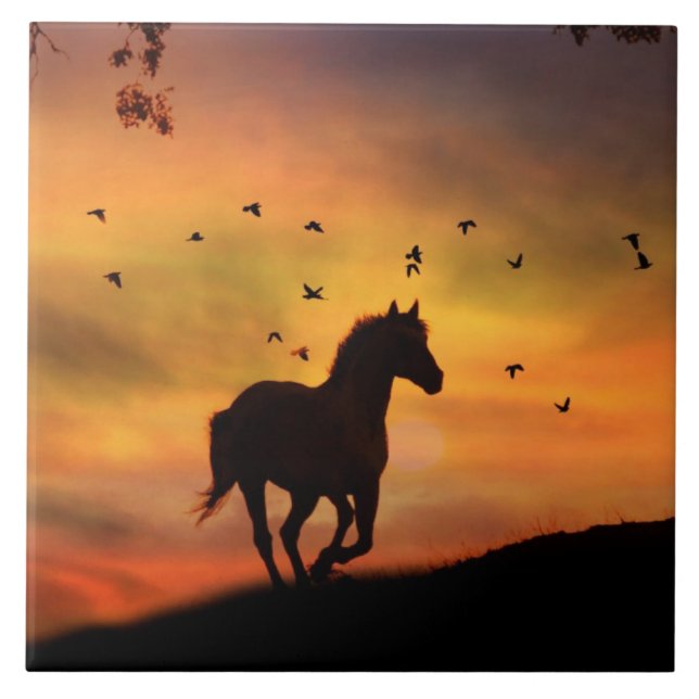 Beautiful Sihouetted Horse in the Sunrise Ceramic Tile (Front)