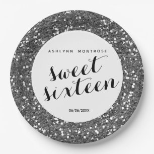 Beautiful Silver Glitter Sweet 16 Paper Plate