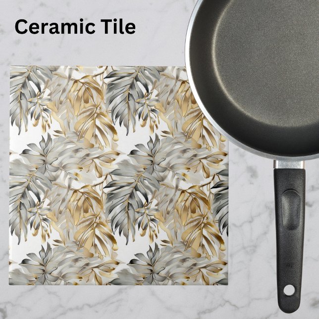 Beautiful Silver Gold Palm Leaves Ceramic Tile (Creator Uploaded)