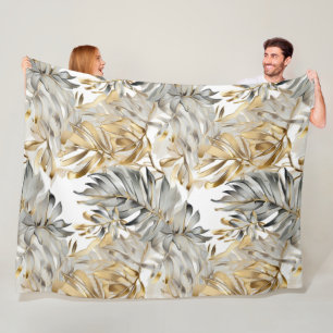 Beautiful Silver Gold Palm Leaves Fleece Blanket