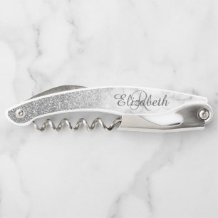 Beautiful Silver Marble Monogram Ombre Glitter Corkscrew