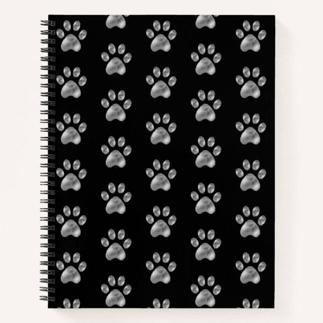 Beautiful Silver Paws on Black Notebook (Front)