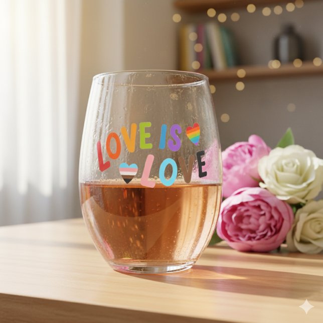 Beautiful Simple Minimal Love Is Love Pride Stemless Wine Glass (Creator Uploaded)