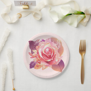 Beautiful Single Pink Rose Paper Plate