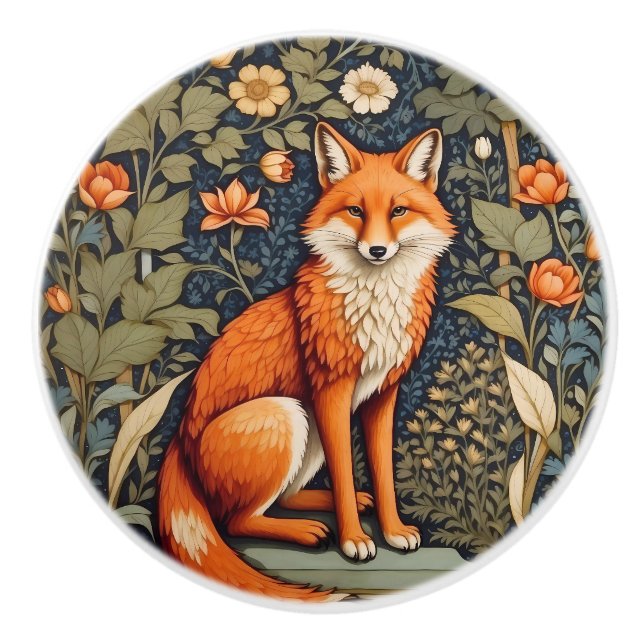 Beautiful Sitting Red Fox William Morris Inspired  Ceramic Knob (Front)
