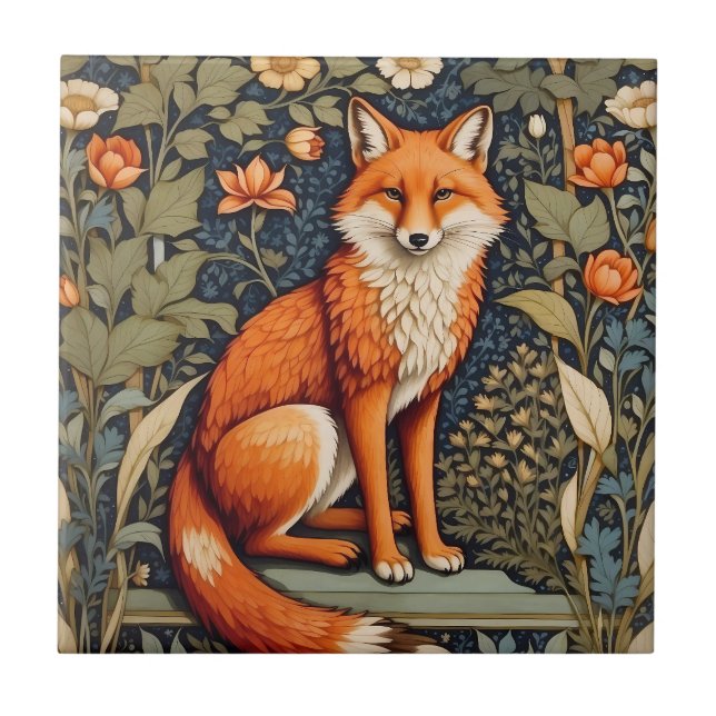 Beautiful Sitting Red Fox William Morris Inspired  Ceramic Tile (Front)