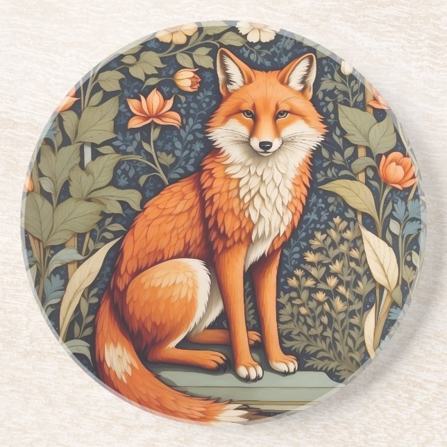 Beautiful Sitting Red Fox William Morris Inspired  Coaster (Front)