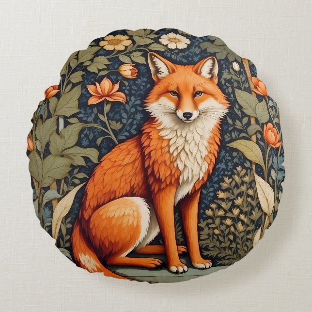 Beautiful Sitting Red Fox William Morris Inspired  Round Cushion (Front)