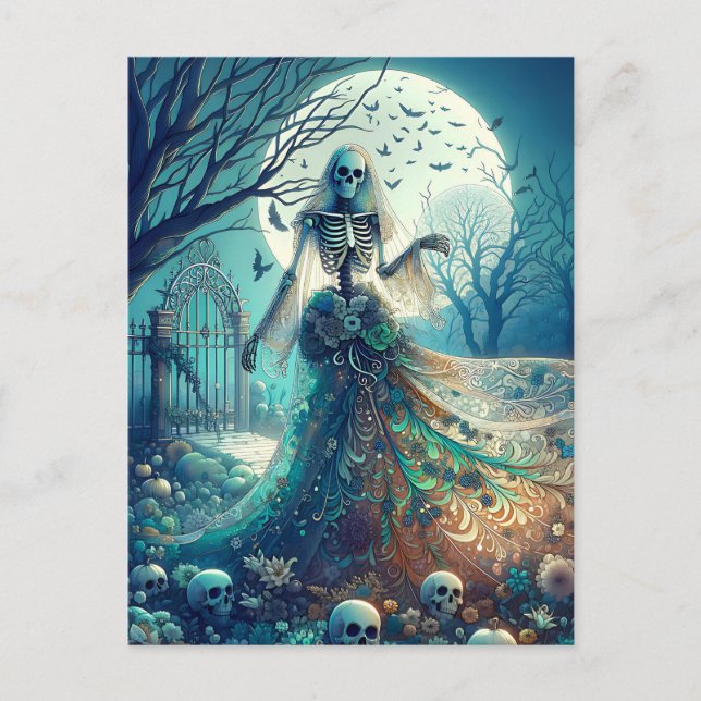 Beautiful Skeleton in Graveyard Holiday Postcard (Front)