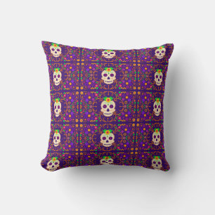 Beautiful Skull with Flowers Día de los Muertos Cushion