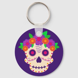 Beautiful Skull with Flowers Día de los Muertos Key Ring
