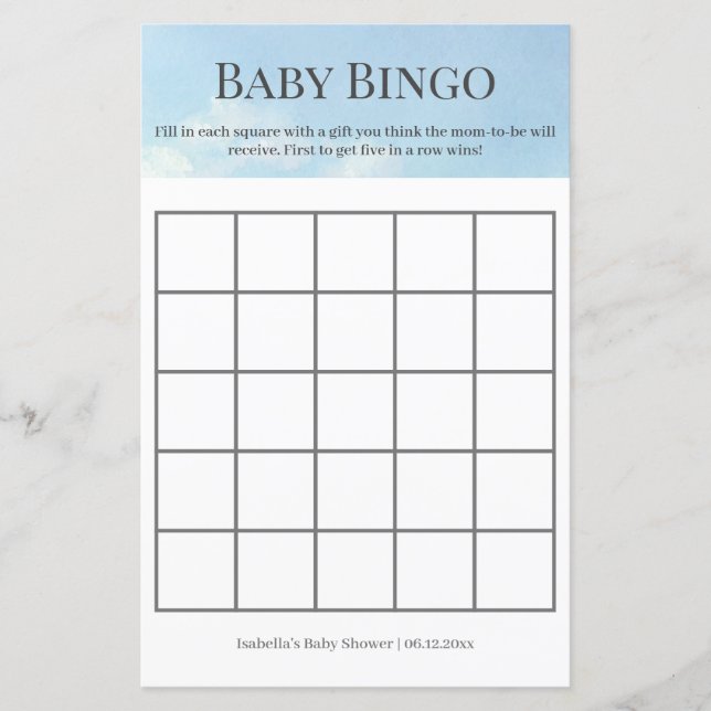 Beautiful Sky and Clouds Baby Shower Bingo Game (Front)