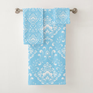 Beautiful sky blue and white floral pattern bath towel set