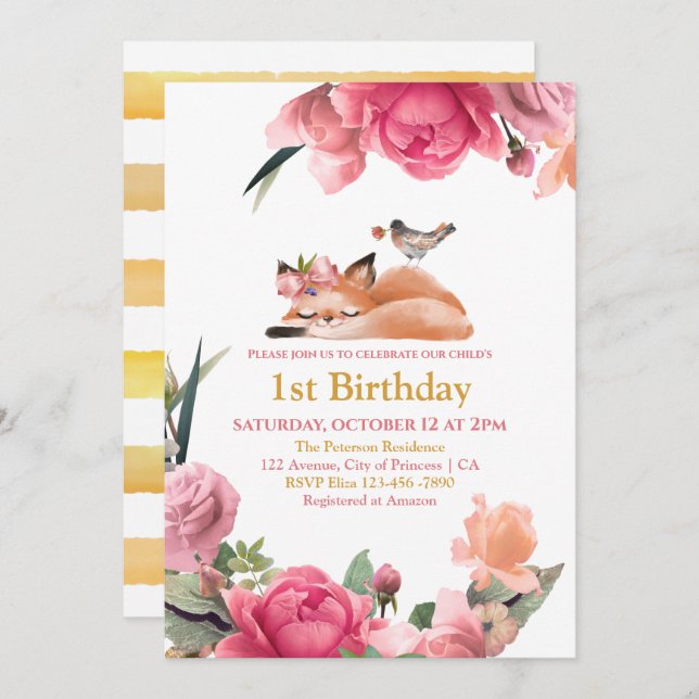Beautiful Sleepy Fox and Flowers 1st Birthday Invitation (Front/Back)