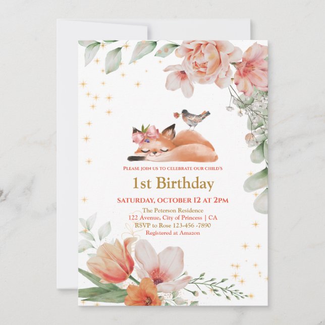 Beautiful Sleepy Fox Gold Glitter 1st Birthday  In Invitation (Front)